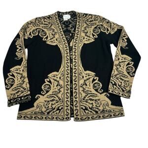 VINTAGE Chessy  Lewis Cardigan Sweater Womens L ENGLAND Tan Black Wool Blend